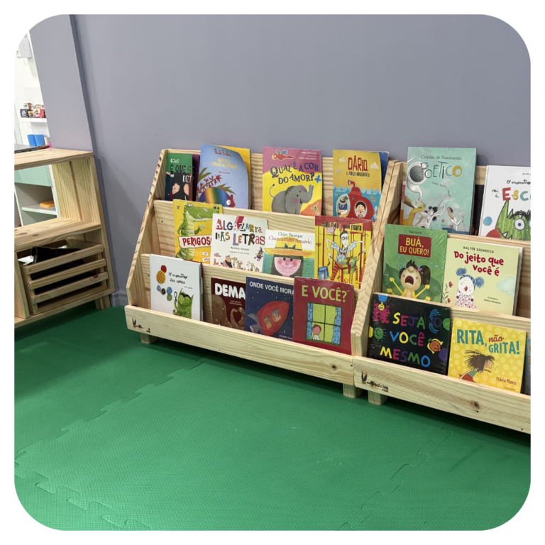 Mini-biblioteca da Educação Infantil reune livros de acordo com a faixa etária.